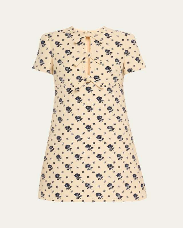 Floral Print Bow Keyhole Wool Mini Dress